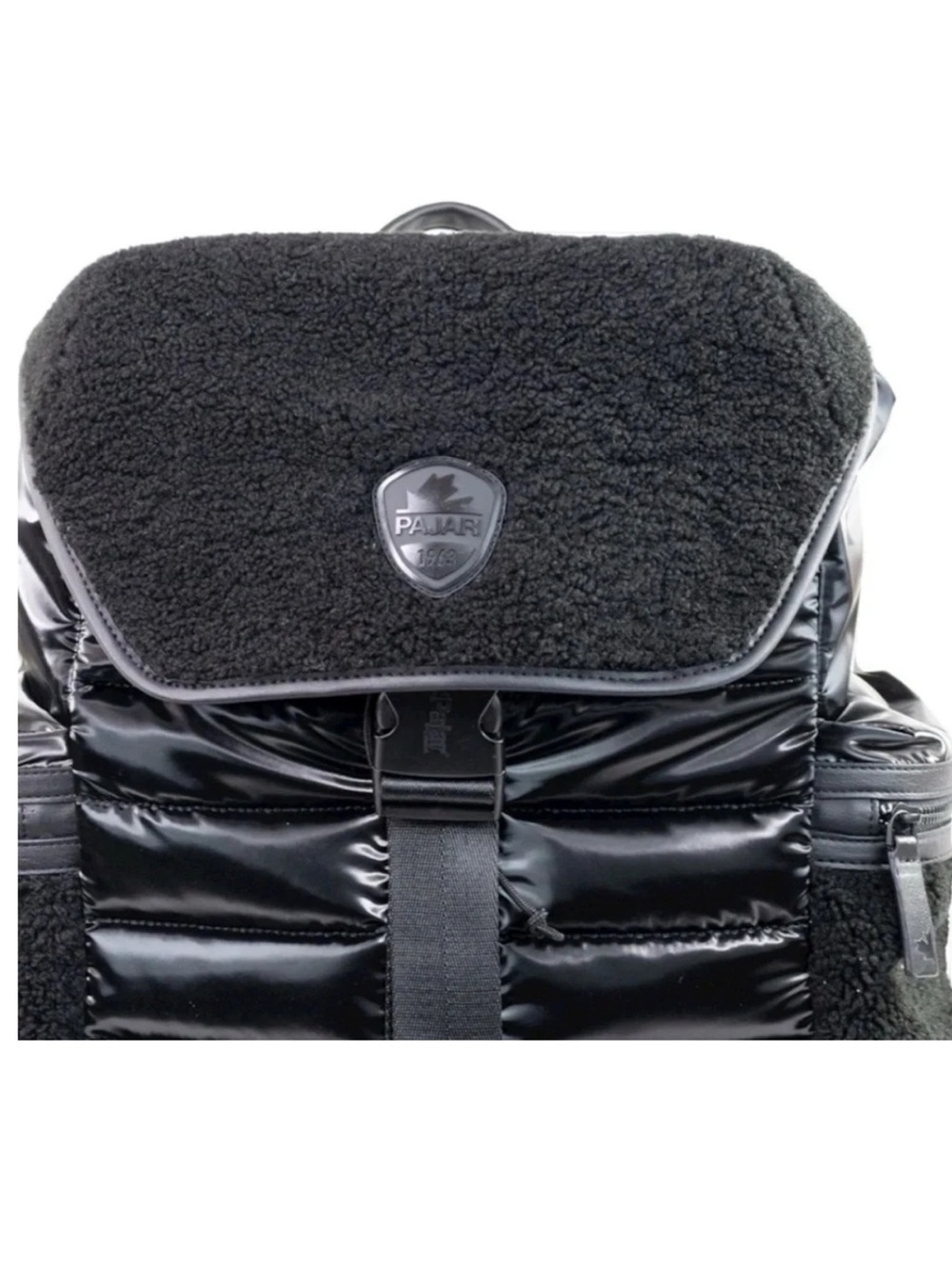 Pajar Glossy Shearling Black Puffer Backpack with Sherpa Trim - Picture 8 of 8